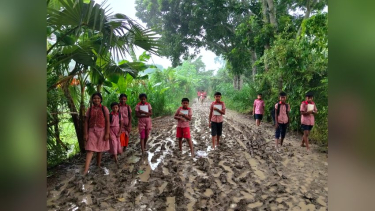 ২৯ বছরেও পাকা হয়নি স্কুলে যাওয়ার রাস্তা, কাদাপানি মাড়িয়ে শিক্ষার্থীদের যাতায়াত
