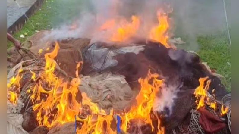 কাঁঠালিয়ায় অবৈধ জাল পুড়িয়ে ধংস